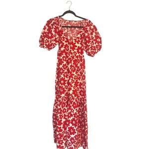 Zara Red White Floral Puff Sleeve Maxi‎ Dress Tiered V Neck Boho Prairie S